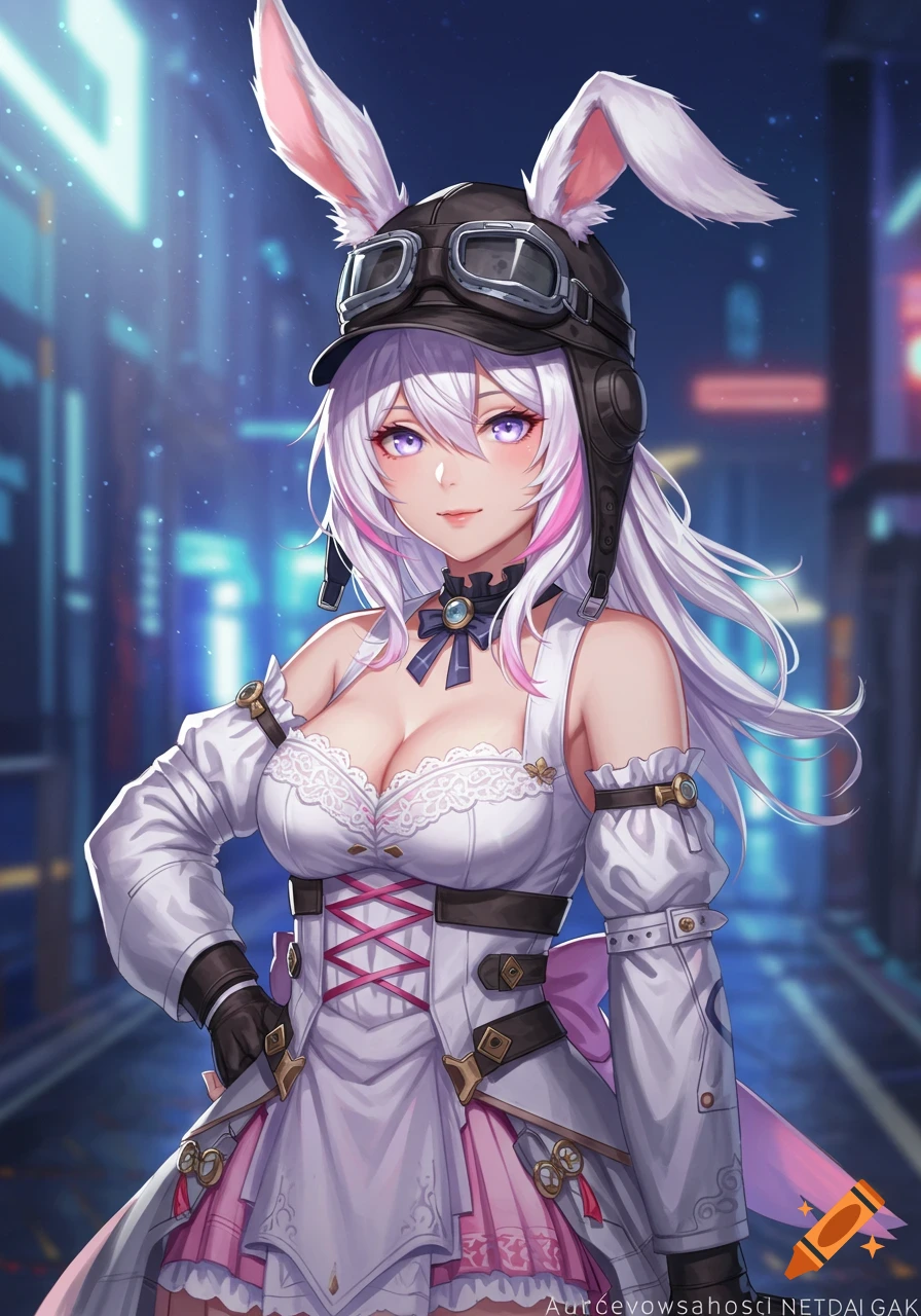 Anime girl with white hair, pink streaks, rabbit ears, aviator hat, and a white-pink lace dress, in a futuristic city.