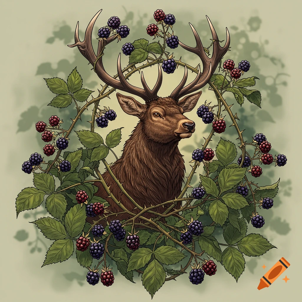 Detailed illustration of an elk's head with antlers, surrounded by a thorny blackberry bush full of berries, styled as a crest.