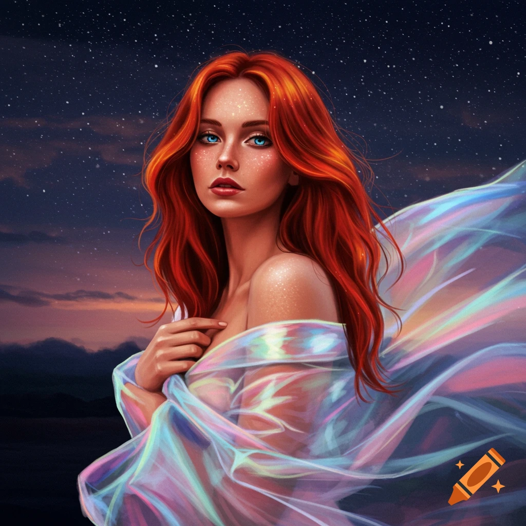 A fantasy portrait of a red-haired woman with blue eyes, draped in iridescent sheer fabric, against a starry night sky.