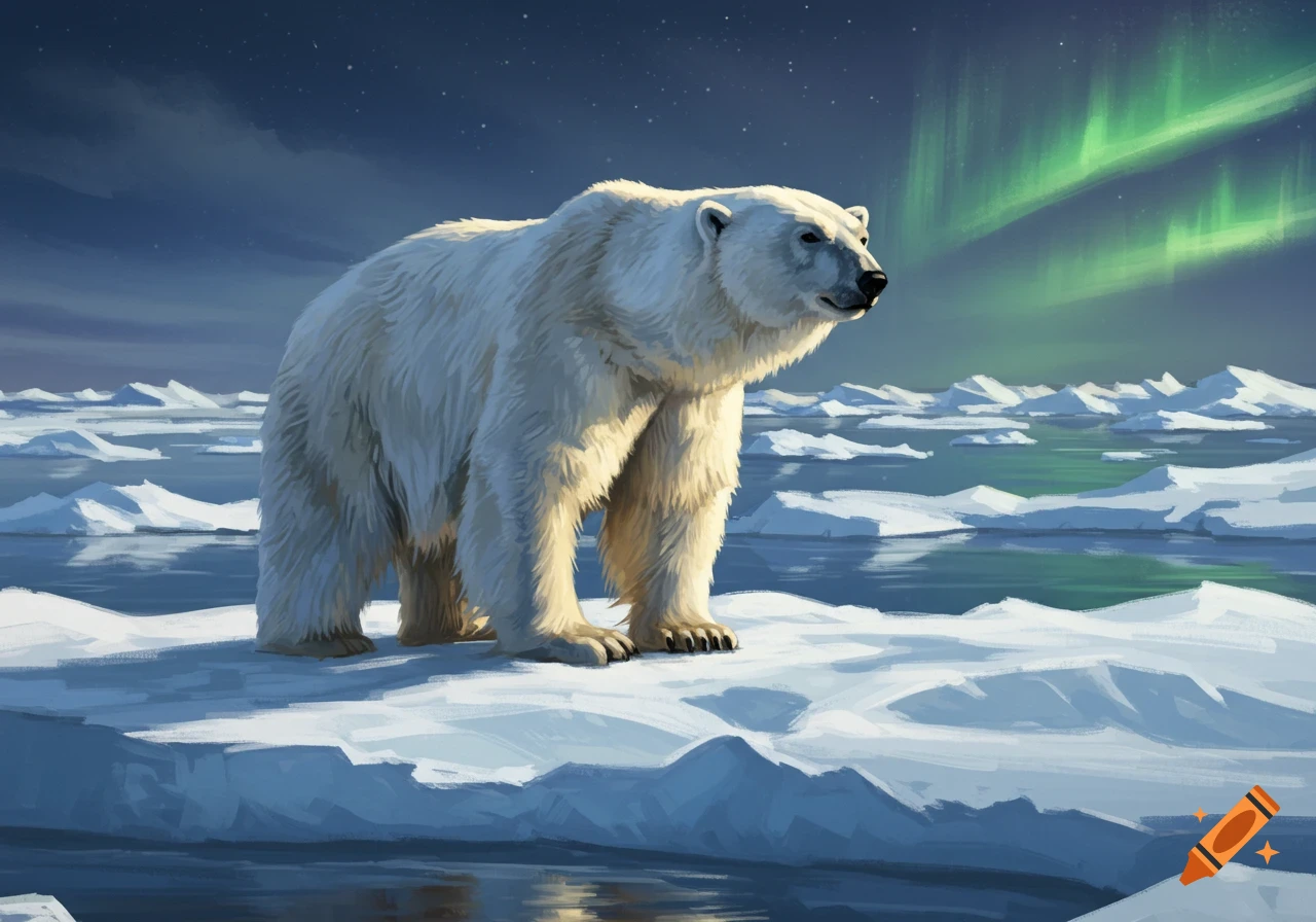 An illustrative polar bear stands on an icy landscape under a night sky with the aurora borealis, dramatic lighting.