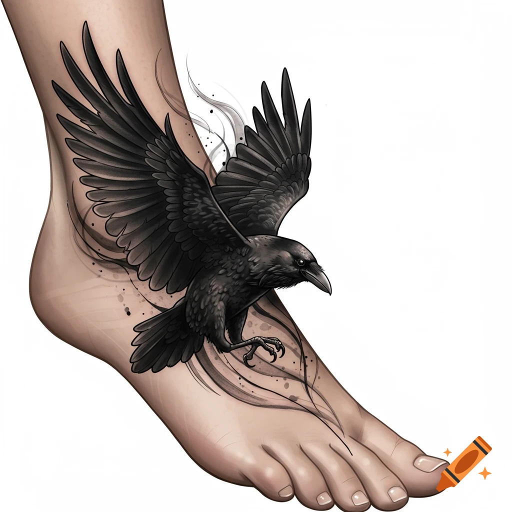 A detailed black raven tattoo with spread wings on the top of a human foot, in an illustrative style.