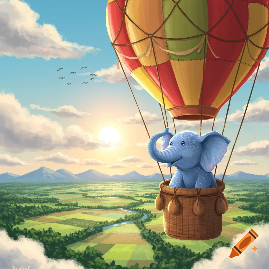 A cute blue elephant in a colorful hot air balloon floats above a green landscape with mountains under a sunny, cloudy sky.