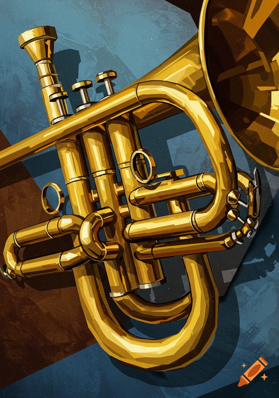 A stylized cubist illustration of a golden trumpet against a blue and brown background.