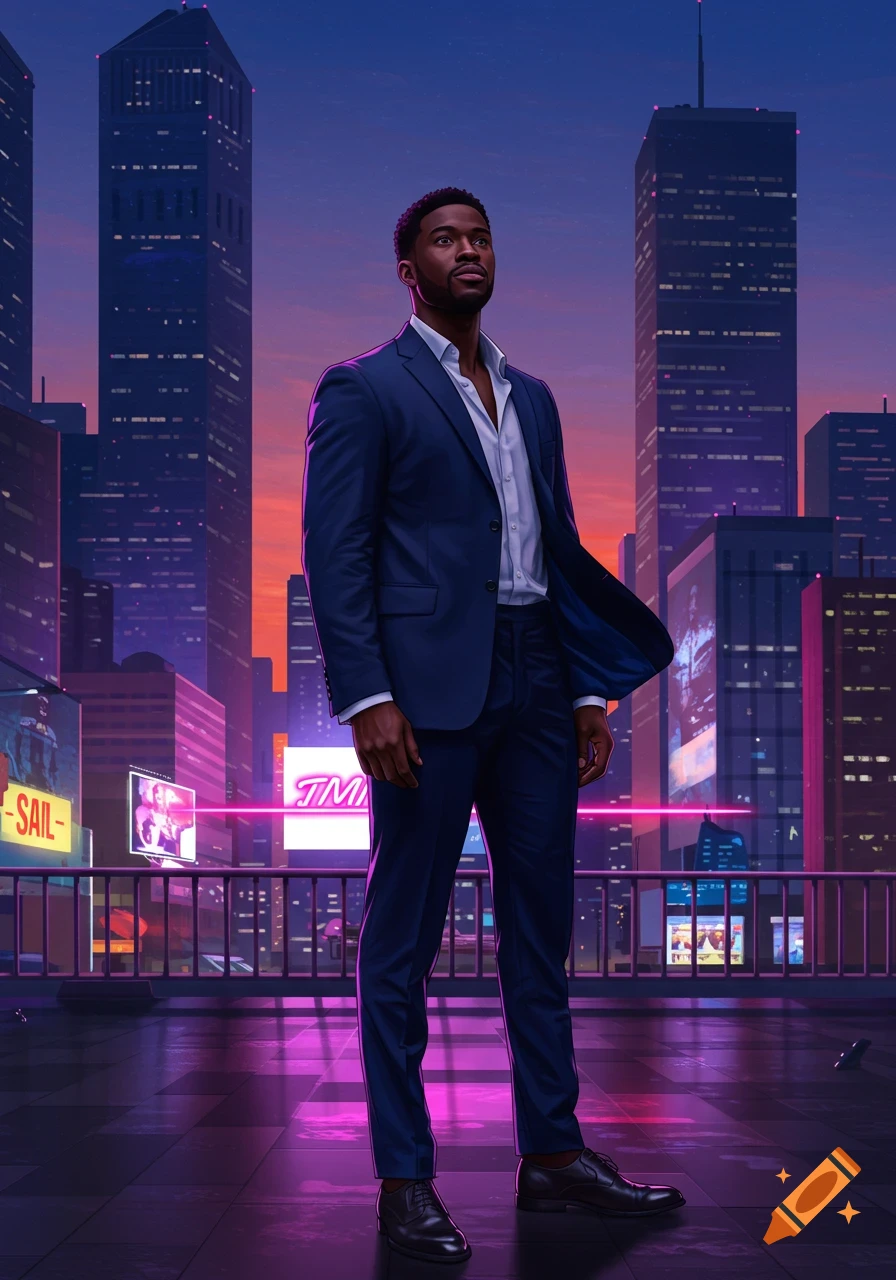 A stylish Black man in a dark suit stands on a rooftop with a neon-lit city skyline at sunset/night.