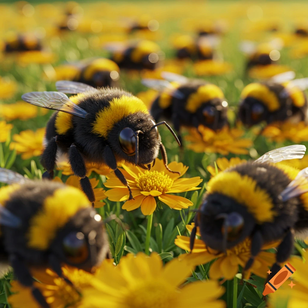 Close-up of fluffy bumblebees on yellow flowers in a vibrant green field.