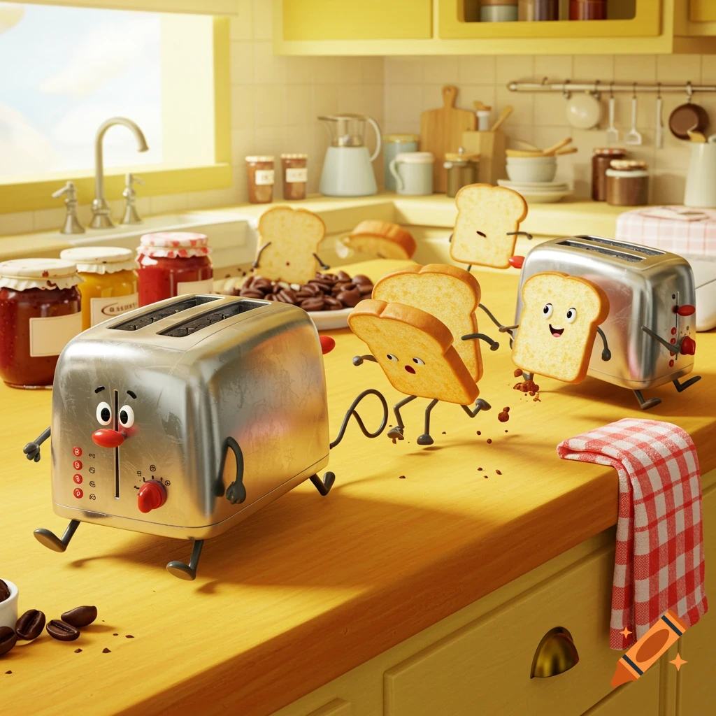 Anthropomorphic toasters chase slices of bread in a bright, whimsical kitchen.