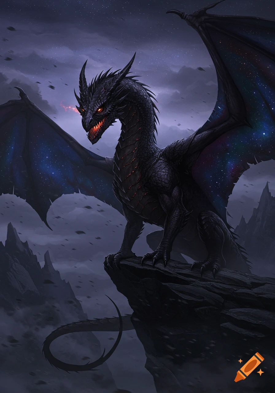 A majestic black dragon with glowing red eyes and starry wings perches on a rocky peak under a dark, cloudy sky.