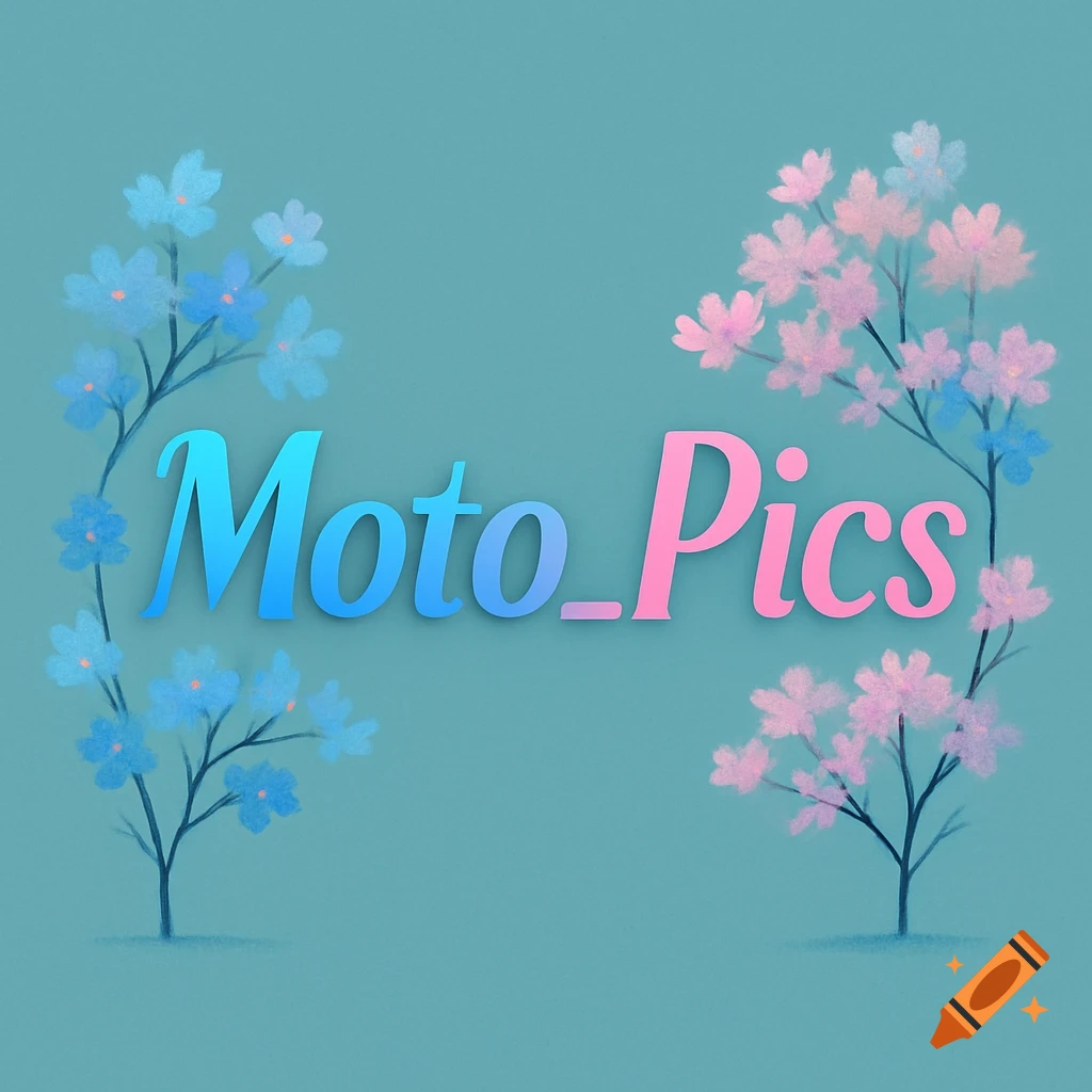 A logo with "Moto_Pics" in blue and pink ombre, centered on a teal background, flanked by stylized blue and pink cherry blossom branches.