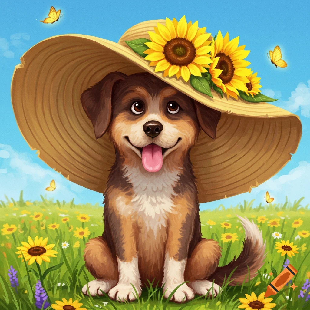 A cute cartoon puppy wearing a large straw hat adorned with sunflowers, sitting in a sunny field of flowers with butterflies.