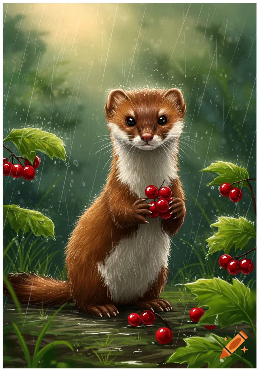 A cute brown and white weasel holds red berries in its paws while standing in the rain amidst green foliage, illustrated in a cartoon style.