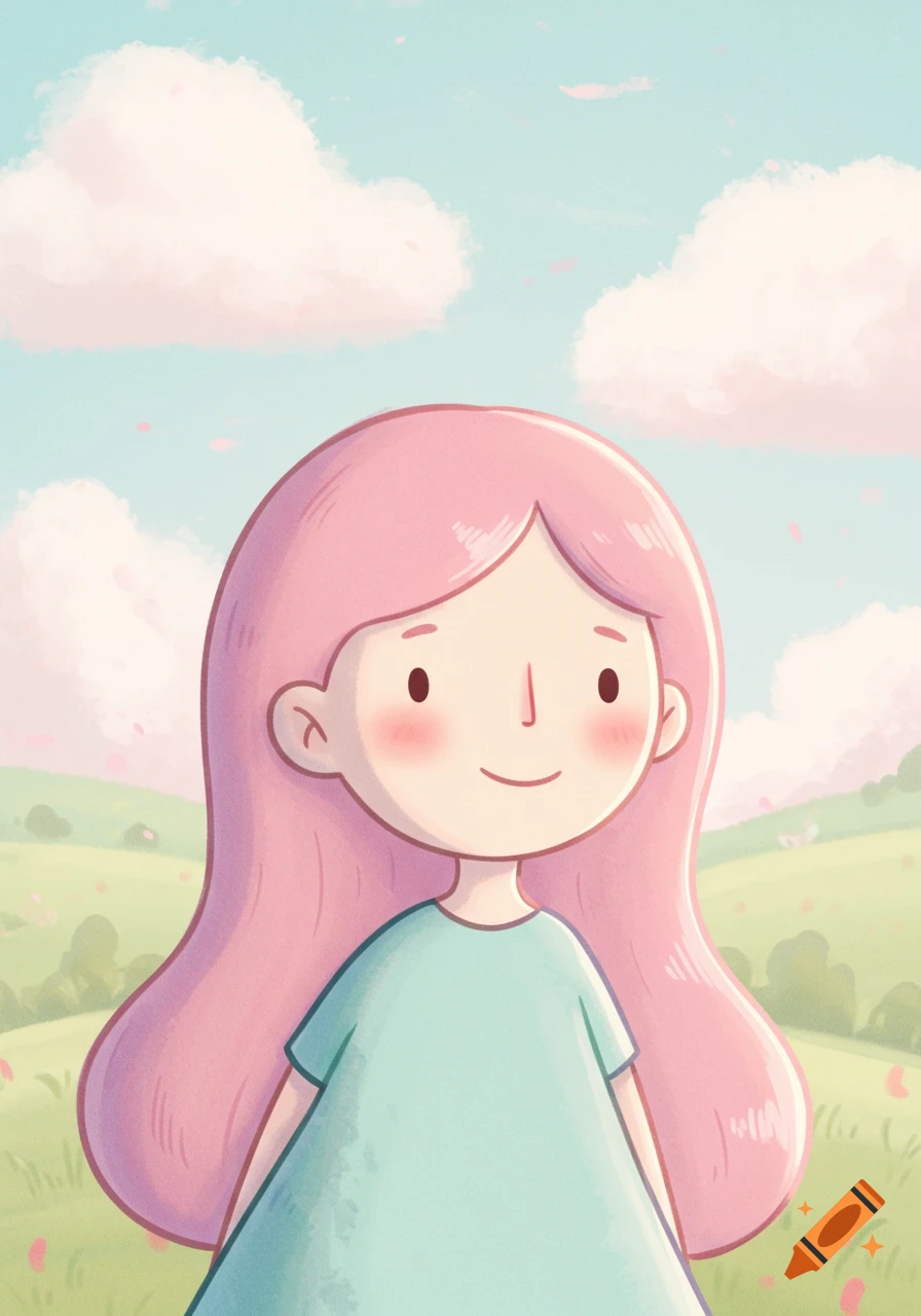 A cartoon girl with long pink hair smiles in a soft, green landscape under a blue sky with pink clouds and falling petals.