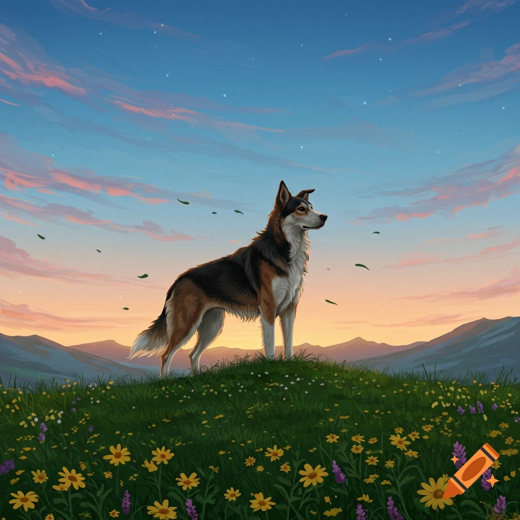 A digital painting of a dog standing on a wildflower-covered hill at sunset, with mountains and a colorful sky.