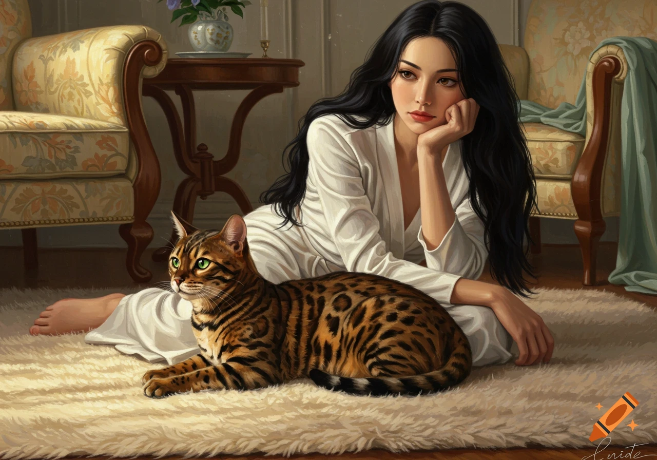 Digital art of a woman with long black hair in a white robe, lying on a fluffy rug with a Bengal cat, in a softly lit room with ornate furniture.