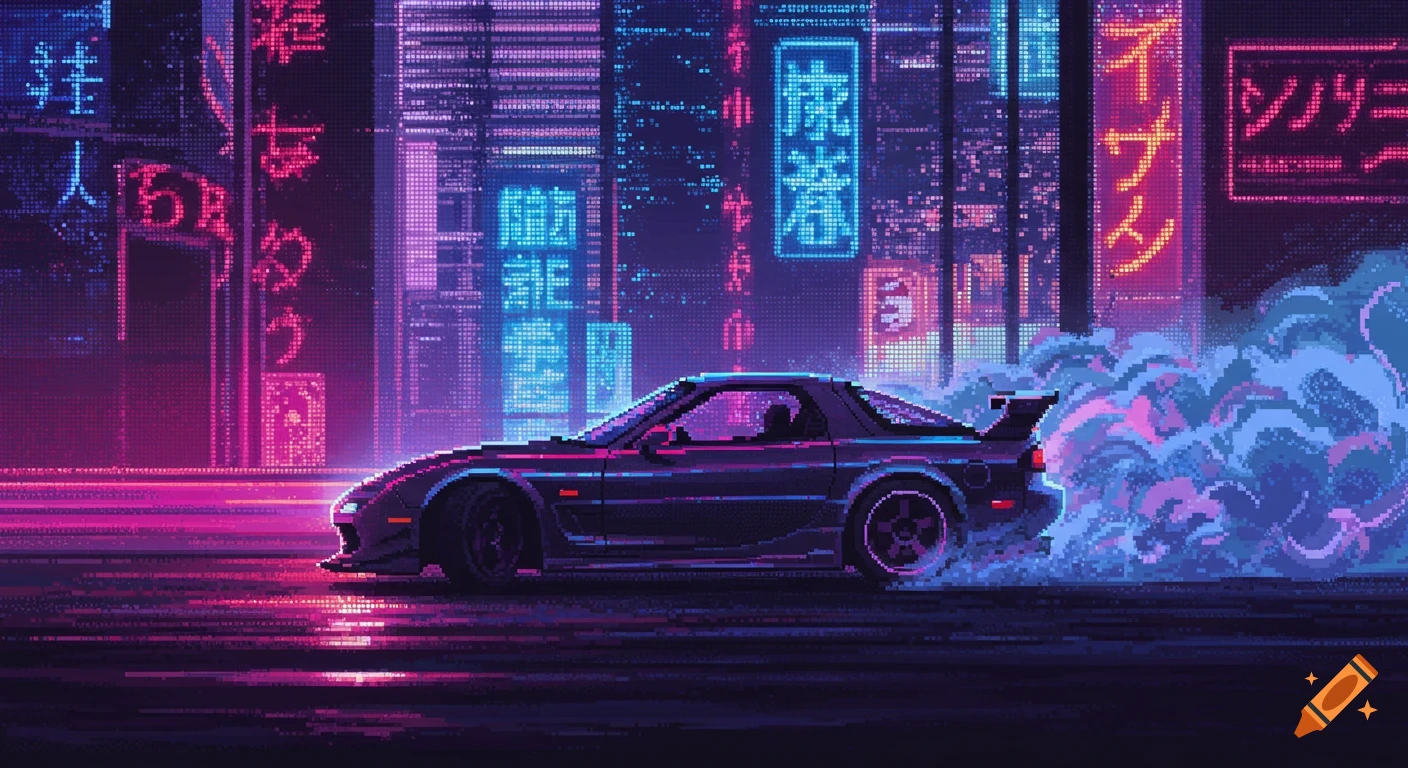 A pixelated Mazda RX-7 drifts through a neon-lit cityscape at night, leaving a trail of pixelated smoke.