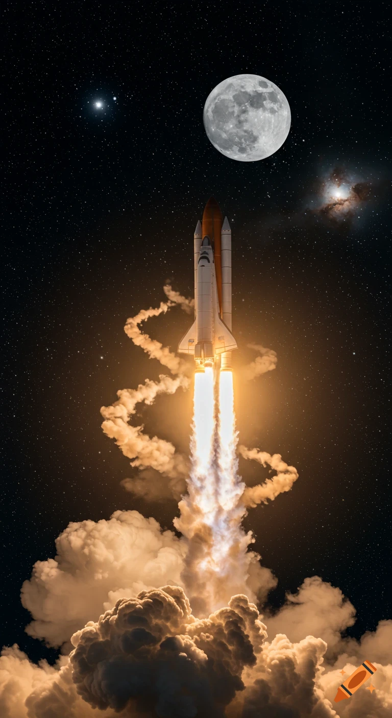 A photorealistic image of a rocket launching into a starry night sky towards the full moon, with glowing exhaust and billowing smoke.