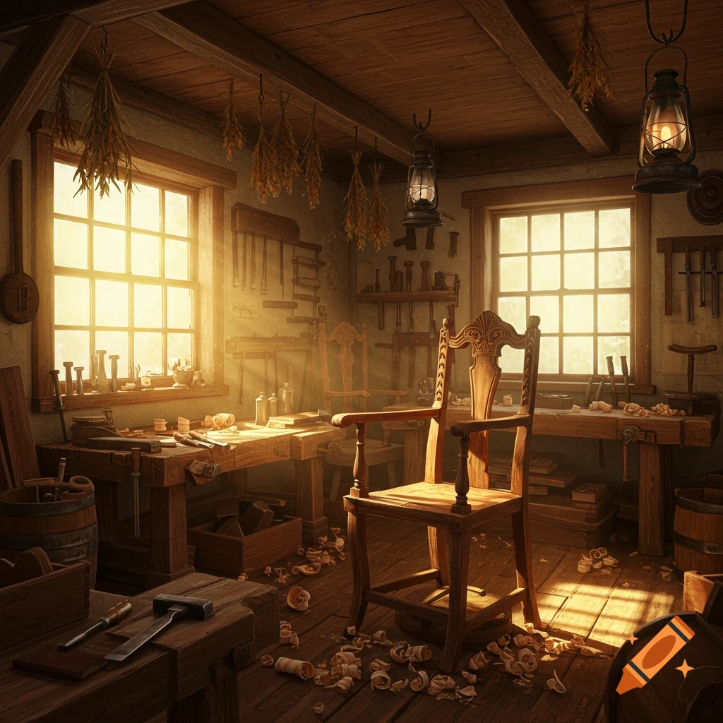 Sunlit rustic woodworking workshop with workbenches, tools hanging on the walls, and a carved wooden chair on a floor covered in wood shavings.