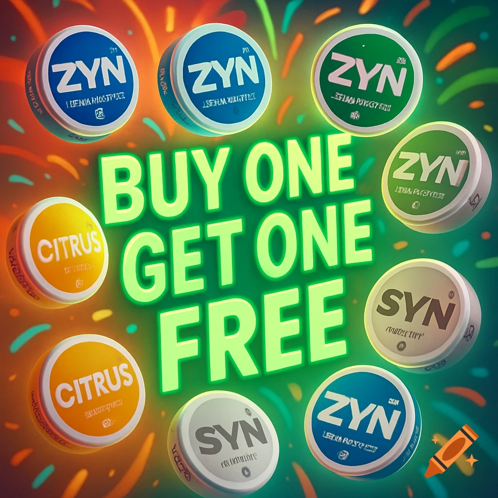 An advertisement for nicotine pouches with various ZYN-like containers in blue, green, and orange, surrounded by colorful abstract shapes. Large green text in the center reads "BUY ONE GET ONE FREE".