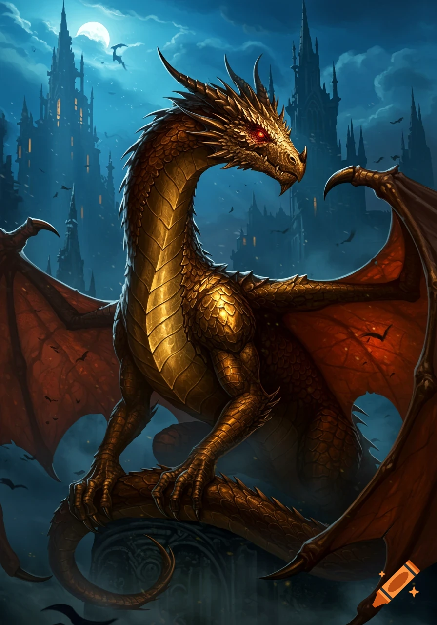 A detailed brass dragon with red eyes perched in front of a dark gothic castle under a full moon.