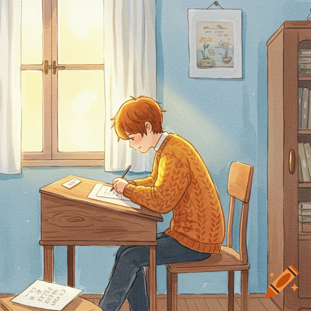 A watercolor illustration of a boy with red hair, wearing an orange sweater, writing at a wooden desk bathed in warm sunlight from a window.