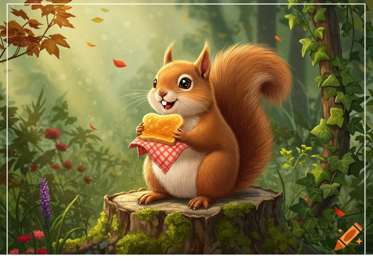 A cute cartoon squirrel holding a piece of toast while sitting on a mossy tree stump in a sun-dappled forest.