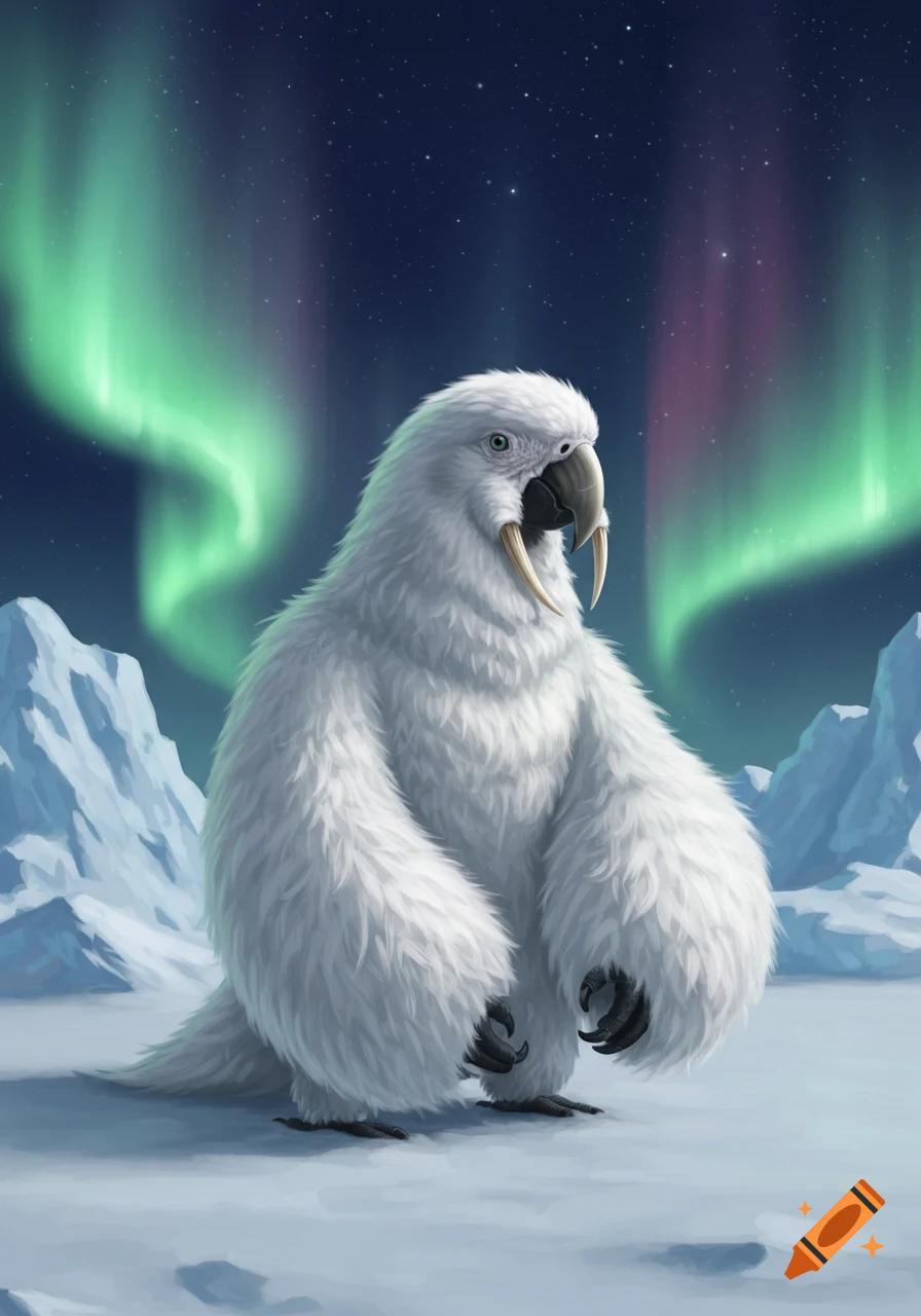A fluffy white macaw-walrus hybrid with tusks stands in a snowy arctic landscape under the green aurora borealis.
