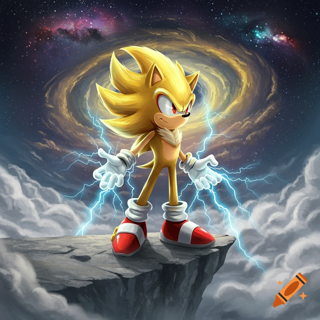 Hyper Sonic stands heroically on a rocky cliff, surrounded by blue lightning, against a cosmic swirling galaxy sky.