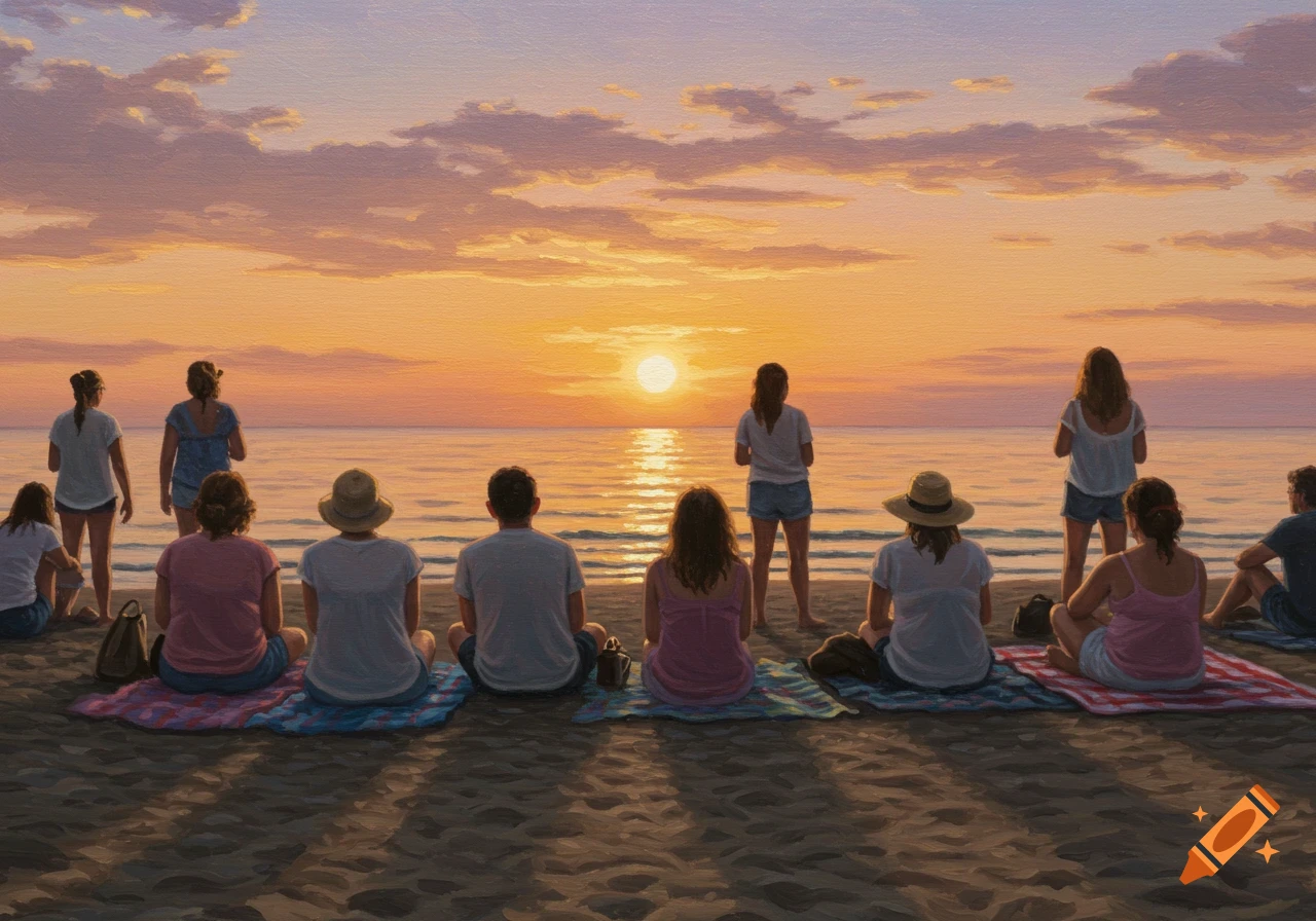 A group of people sitting and standing on a beach, watching a golden sunset over the tranquil sea, with an orange and pink sky.