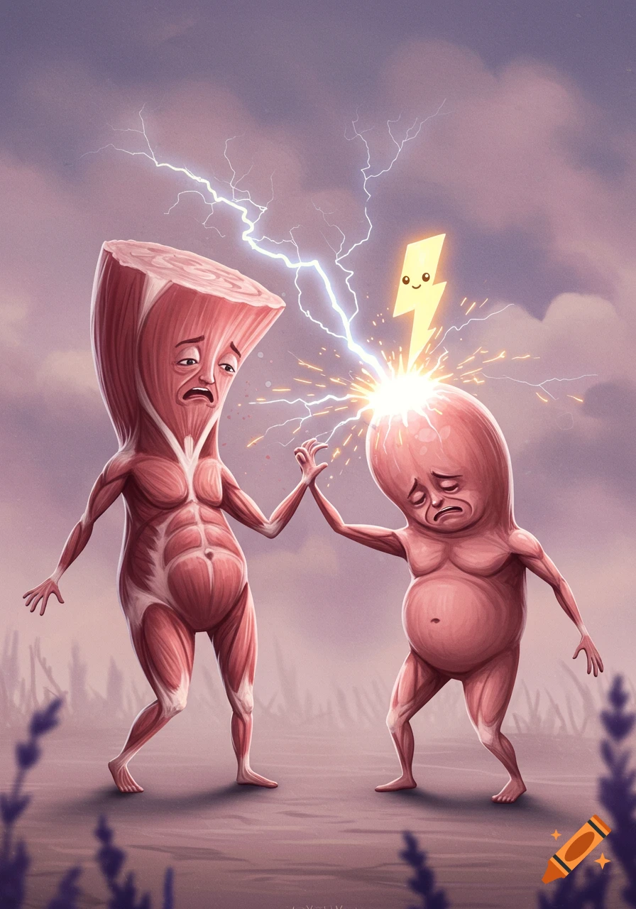 Cartoon of a rectangular muscle figure and a round muscle figure, both sad, holding hands as a happy lightning bolt strikes the round one's head.