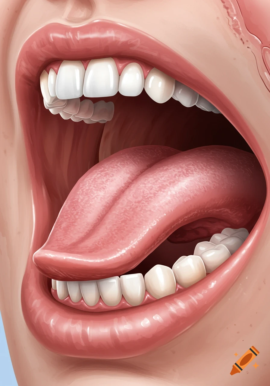 A close-up illustration of a wide-open human mouth, showing the tongue raised towards the roof of the mouth and white teeth.