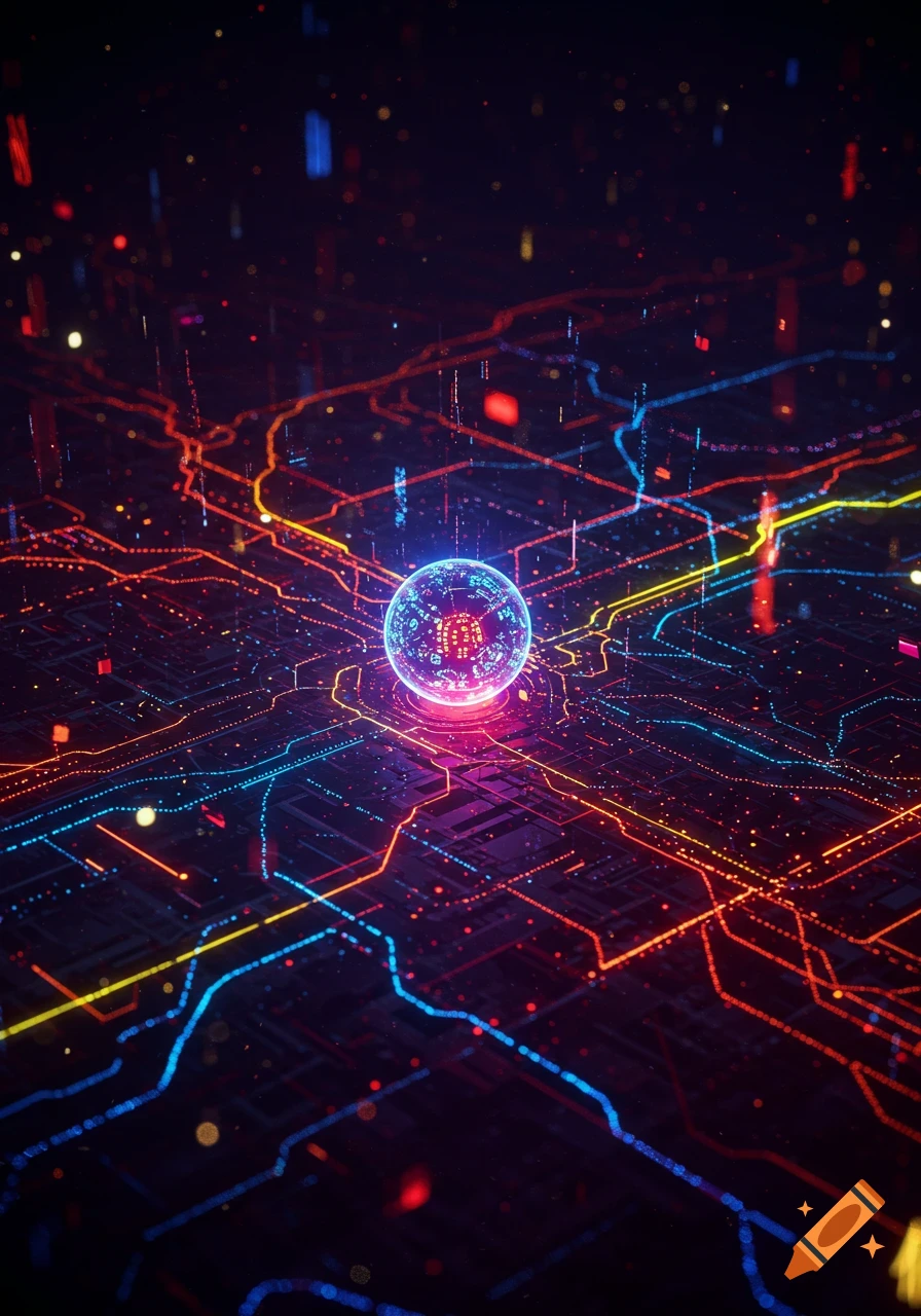 A glowing blue sphere at the center of a dark, abstract circuit board with intricate red, blue, and orange glowing lines.