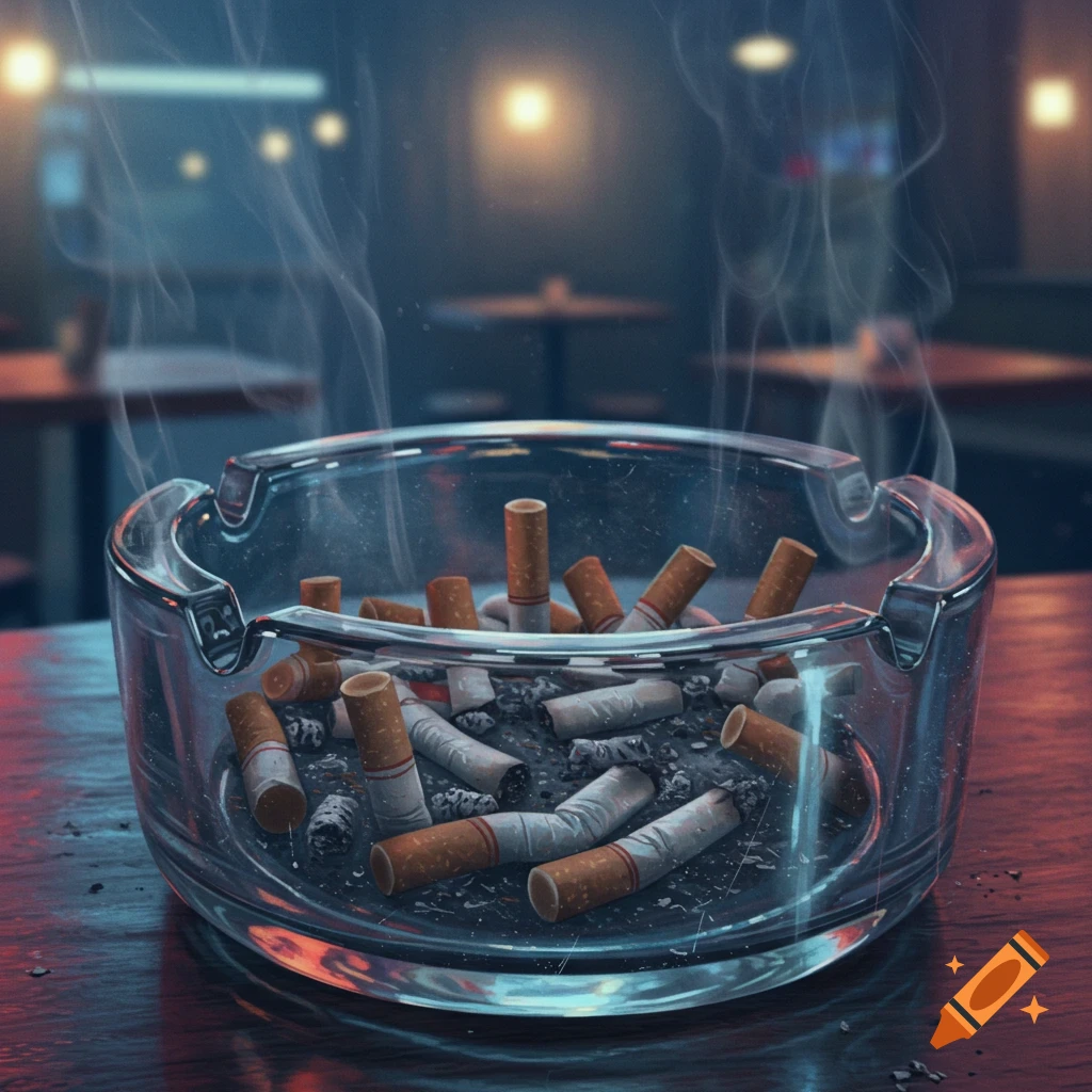 A clear glass ashtray filled with numerous cigarette butts, with wisps of smoke rising, on a wooden table in a dimly lit bar setting.