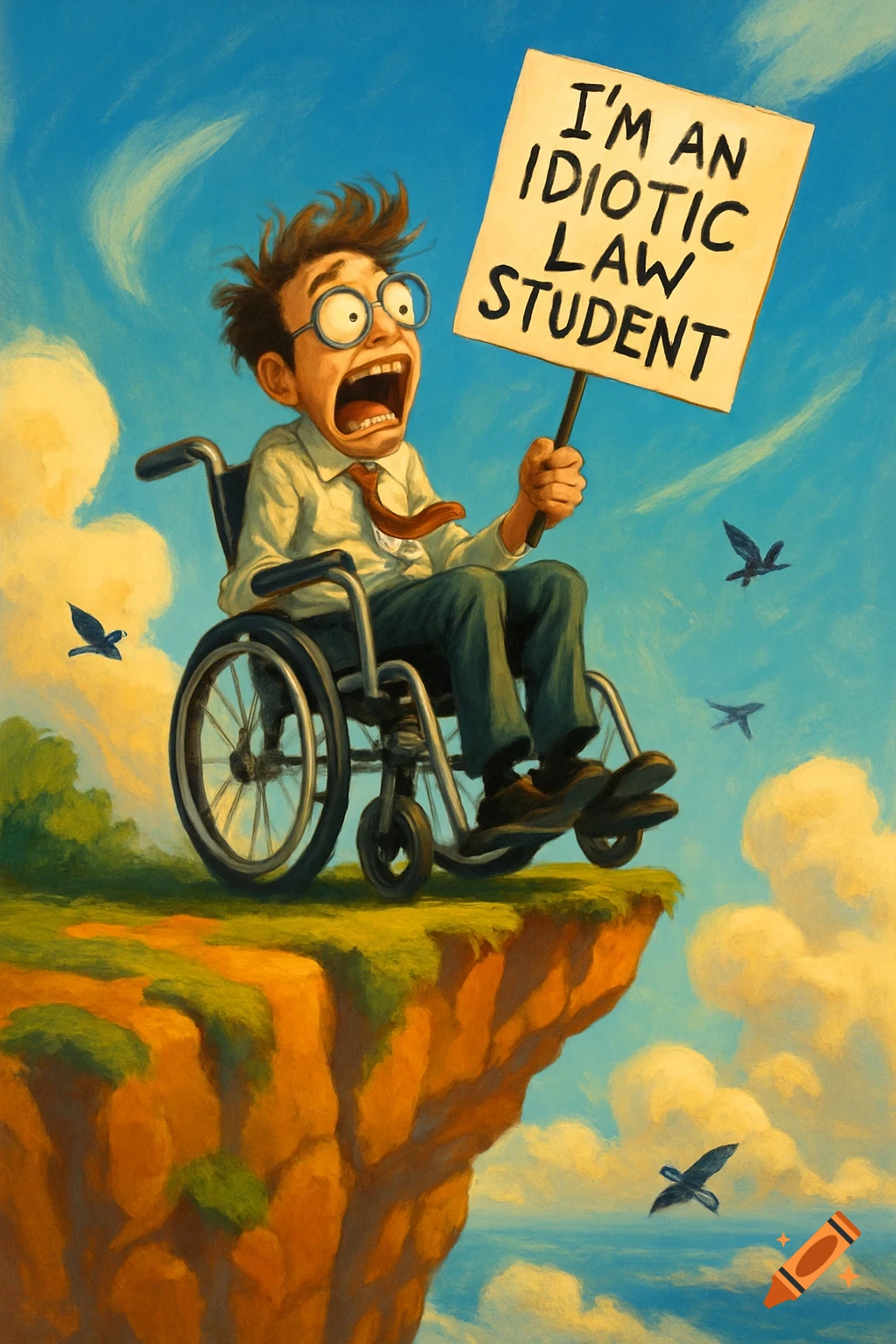 Cartoon illustration of an exaggerated student in a wheelchair holding a sign "I'm an idiotic law student", falling off a cliff.