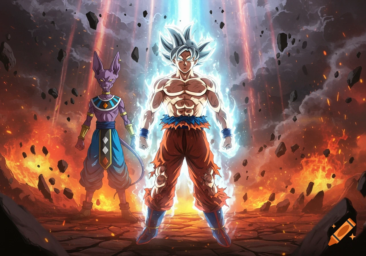 Goku in Ultra Instinct form glows blue next to Beerus, surrounded by fire and floating debris in an anime style.