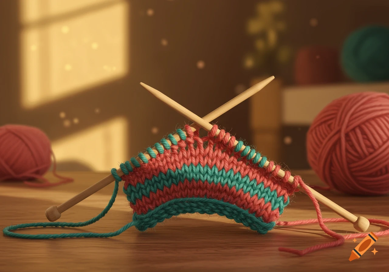 Close-up of a partially knitted garment with pink and teal yarn on wooden knitting needles, surrounded by balls of yarn.