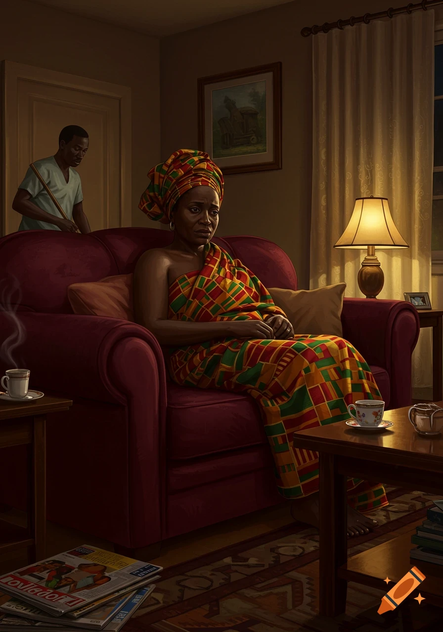 A woman in a colorful kente cloth head wrap and dress sits sadly on a red couch while a man cleans in the background.