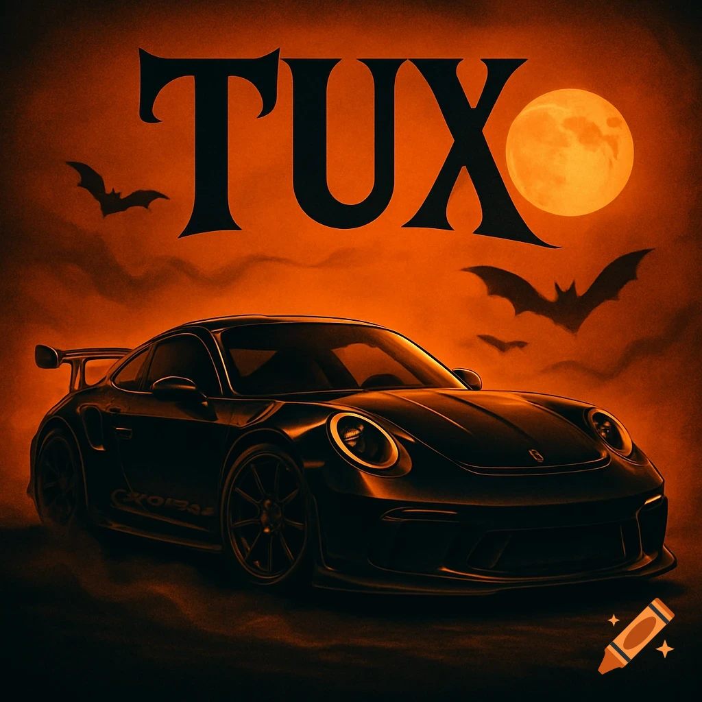 A black Porsche GT3RS against an orange Halloween sky with a full moon, bats, and the word 'TUX' in a gothic font.