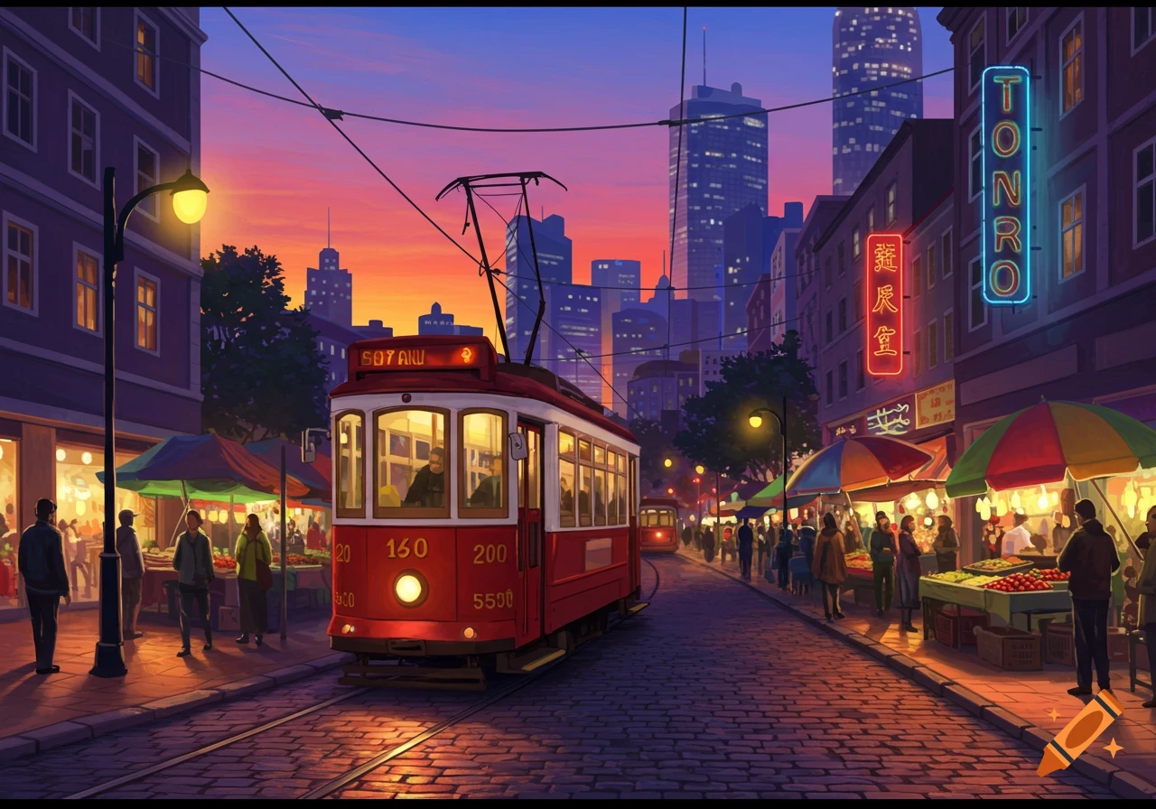 A vibrant street scene at dusk with a red tram, market stalls, and city buildings under a colorful sky.