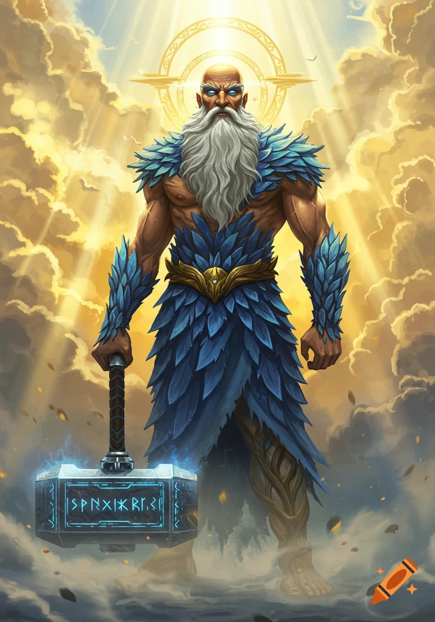 A powerful bald, grey-bearded god with glowing blue eyes, wearing blue leaf armor, stands in golden clouds, holding a glowing runic hammer.
