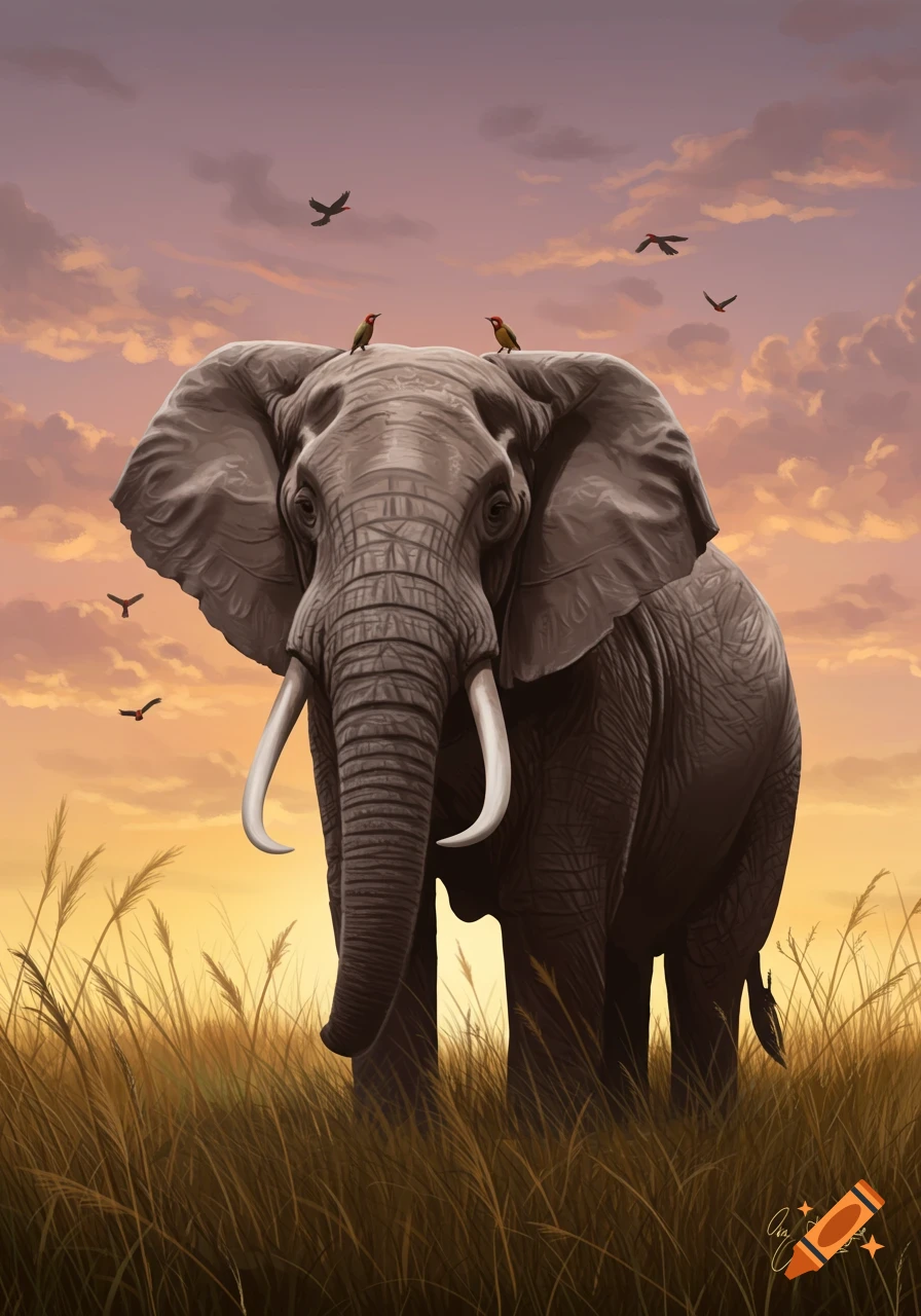 A detailed digital painting of an elephant with large tusks, standing in tall grass at sunset with birds flying and perched on its head.