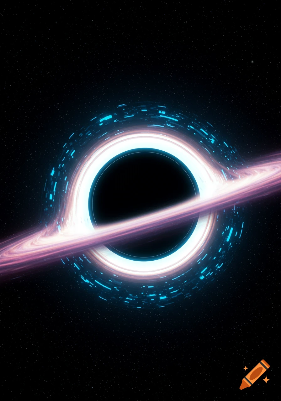 A futuristic black hole surrounded by glowing neon blue and purple holographic energy rings and cosmic rays in a star-filled space.