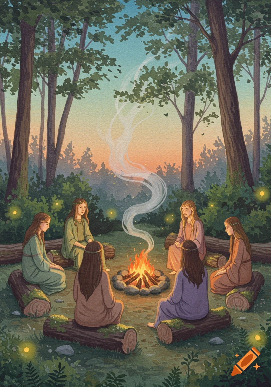 Women in robes sit around a glowing campfire in a twilight forest, fairy-tale watercolor style.