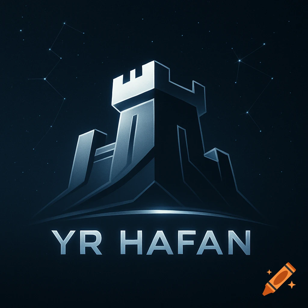 A dark blue stylized logo featuring a castle with constellations in the background and the text 'YR HAFAN' below.