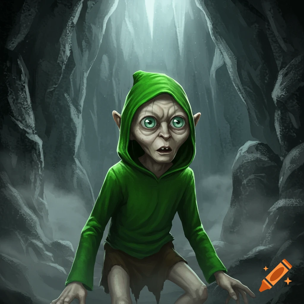 A wide-eyed Gollum in a green hooded sweatshirt crouches in a dark, misty cave.