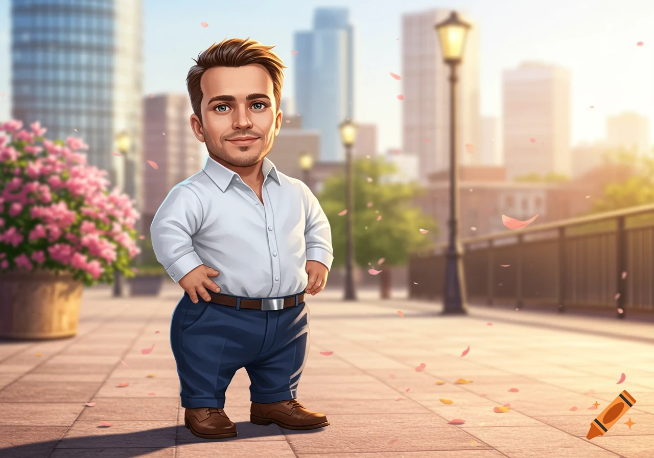 Cartoonish short man in a white shirt and blue pants standing on a city sidewalk with buildings and falling petals.