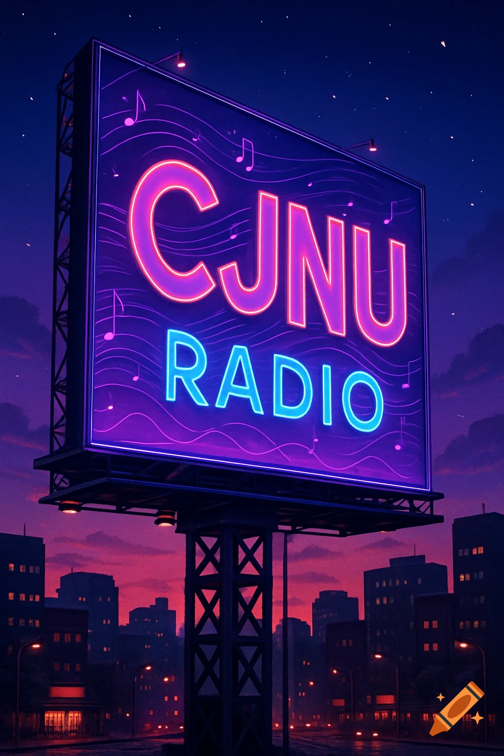 A vibrant neon billboard for 'CJNU RADIO' lights up a dark city skyline at night under a starry sky.