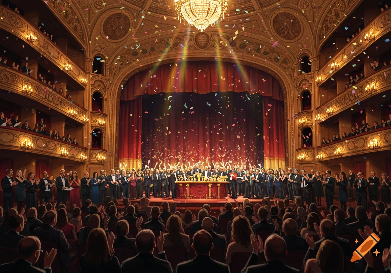 An ornate theater with a stage full of people celebrating an awards ceremony as confetti falls, and an audience claps.