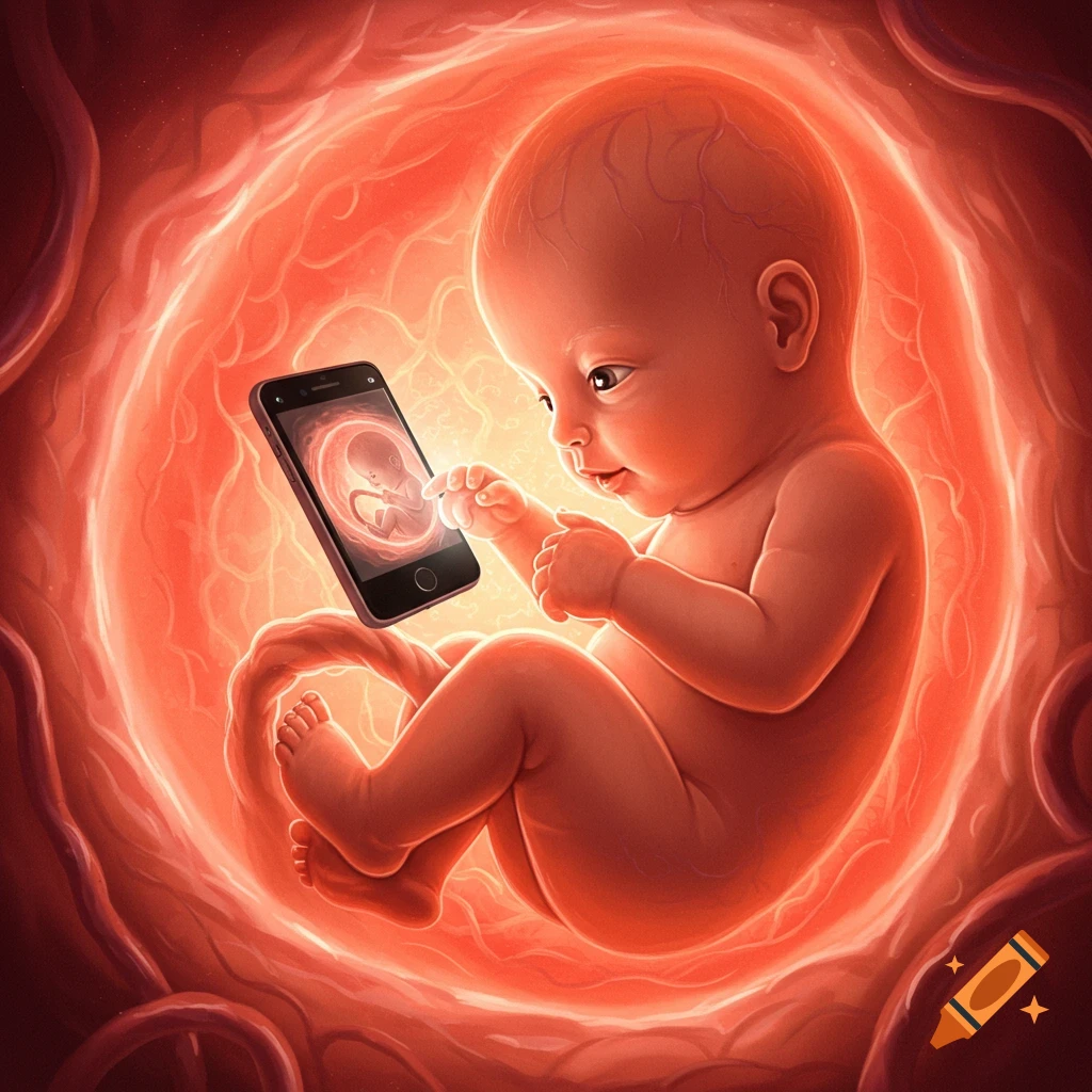 A baby in a glowing red womb holds a smartphone, looking at a reflection of another baby in a womb on the screen.