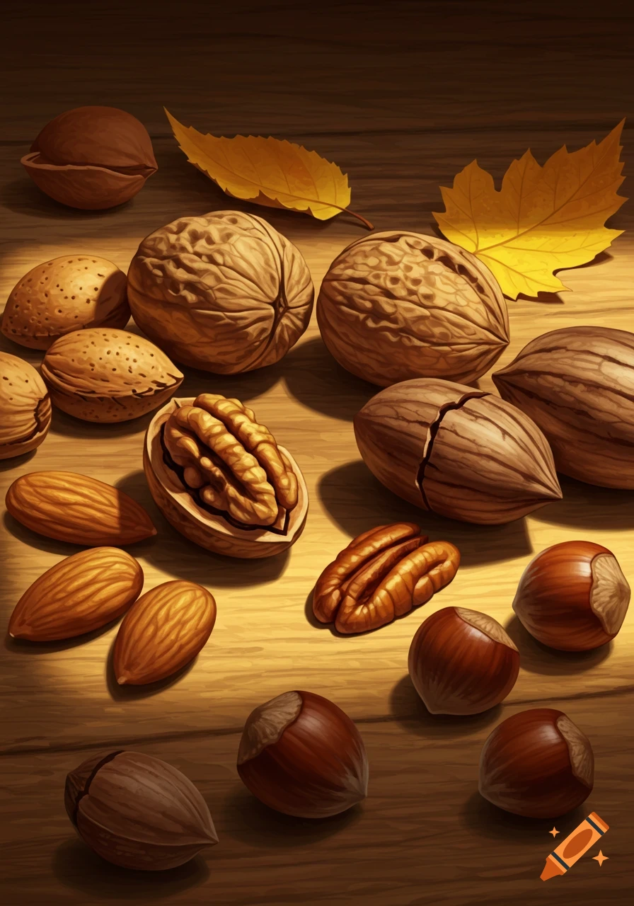 An illustrative still life of walnuts, almonds, pecans, and hazelnuts scattered on a wooden surface with autumn leaves.