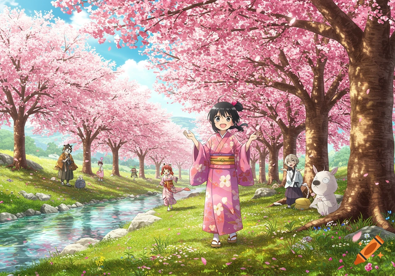 Anime characters and a white dog enjoying a vibrant spring day in a park with pink cherry blossom trees and a flowing stream.