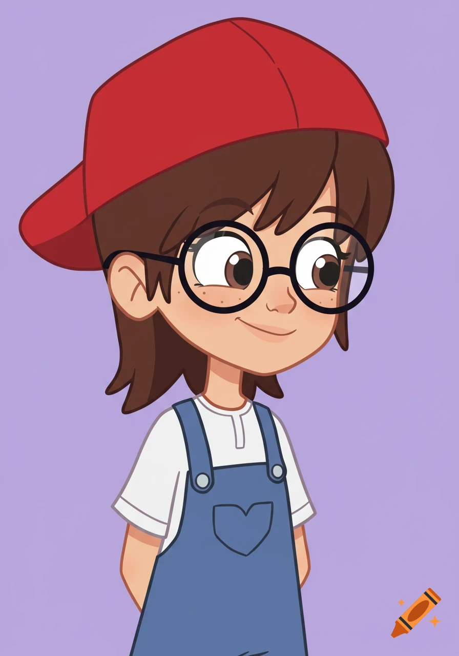 An animated girl with short brown hair, glasses, a red cap, white shirt, and blue overalls smiles on a lavender background.
